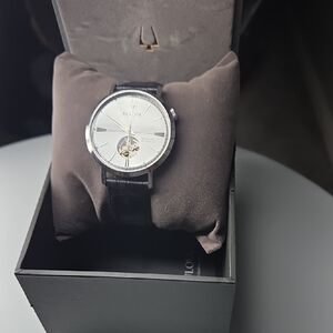 Bulova Silver Dial with Black Leather Strap Watch